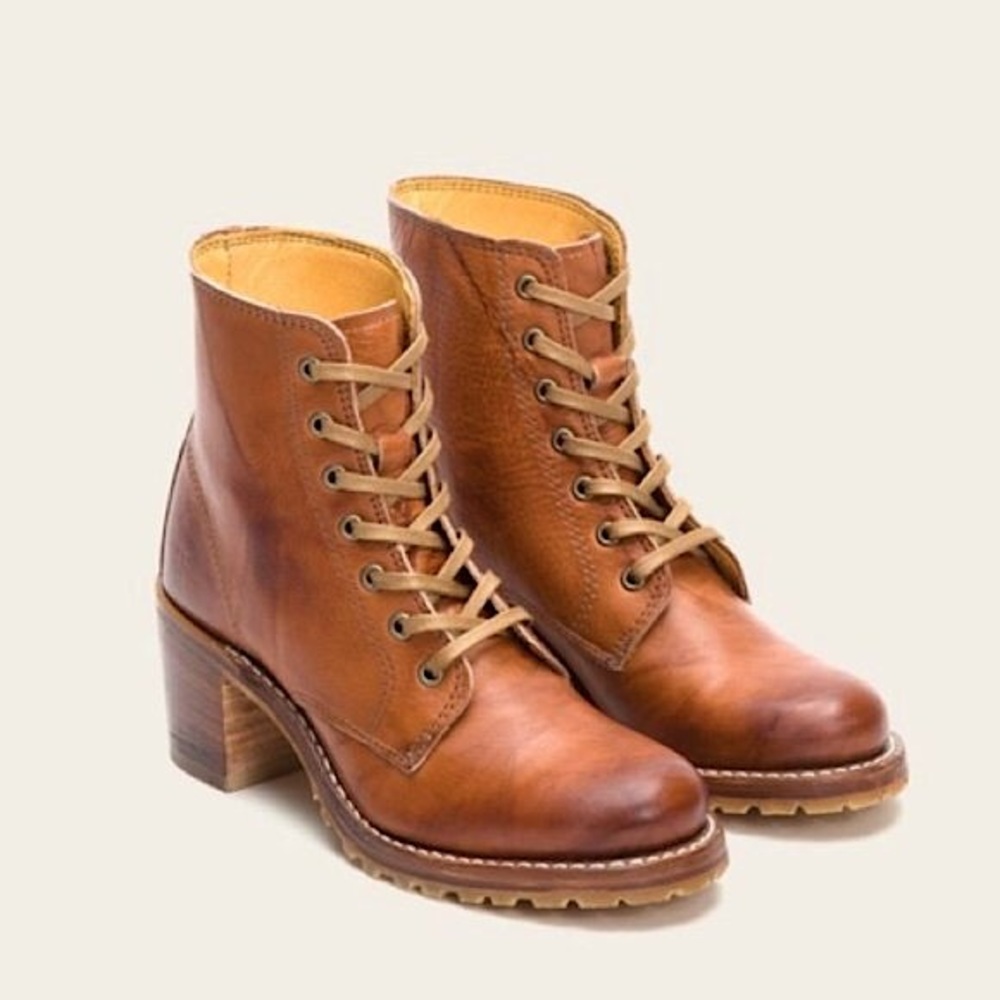 RARE Frye Sabrina 6G Lace Up Genuine Cognac Leather Classic Combat Ankle Boots - Picture 1 of 16